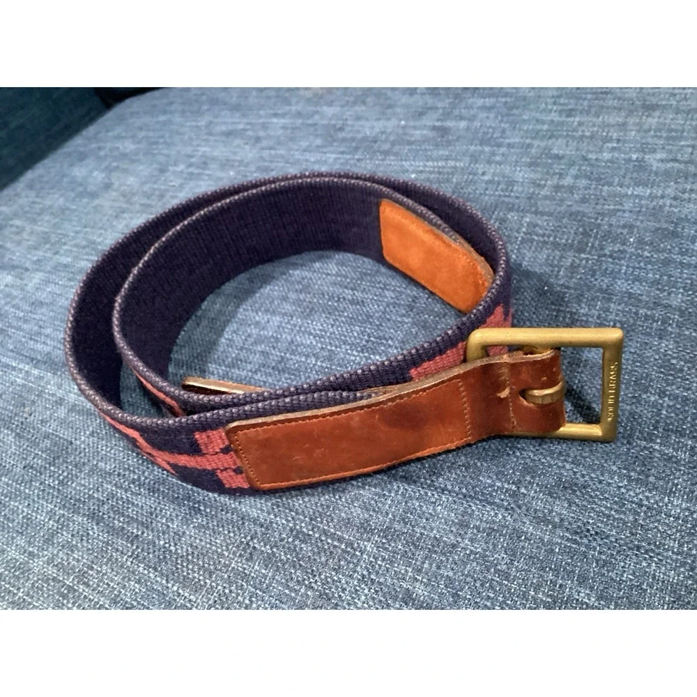 Coach Belt Womens Size 38 Wool Canvas  Leather Brass Buckle Blue Red EUC